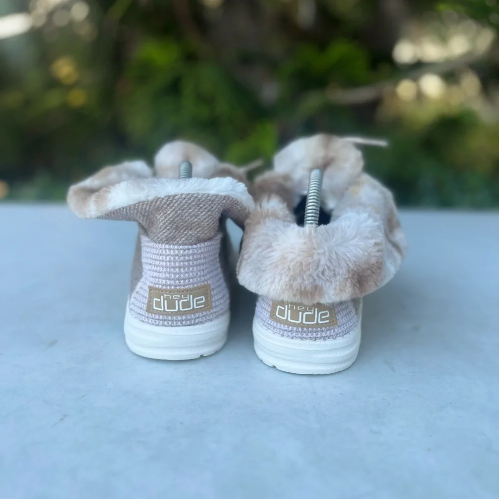 Hey Dude Women's Beige Knit Sneakers with Faux Fur Collar